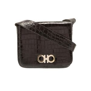 Salvatore Ferragamo Black Croc-Embossed Crossbody Bag
